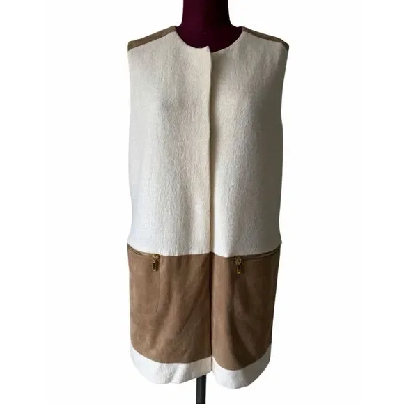 Chico’s Vest Ivory Wool Faux Suede Zip Pockets Cream Tan 2 US Large - Picture 2 of 13